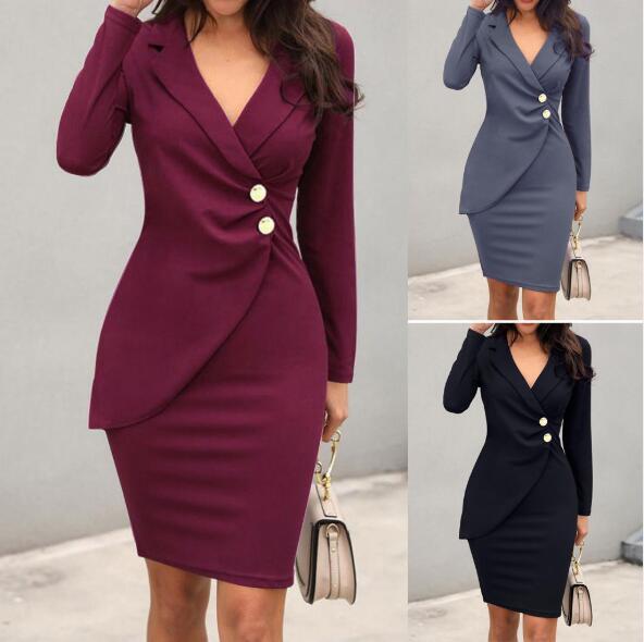 2 Farben Neue Mode Damen OL-Stil Langarm Formeller Blazer Bodycon Kleid S-XXL