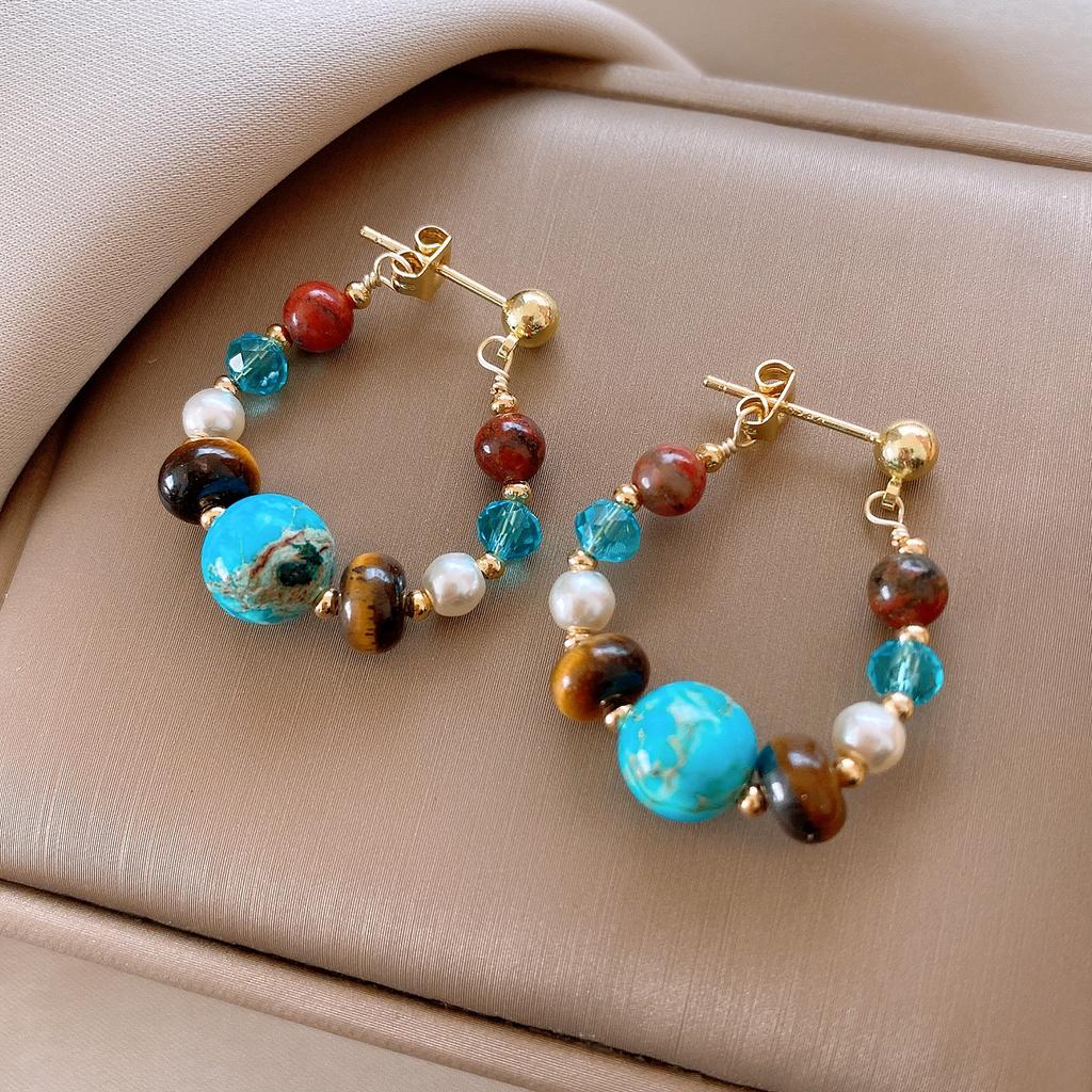 Ethnic Style Faux Turquoise Earrings Water Droped Textured Beaded Earringdrop Ear Jewelry Accessory Irregular Stone