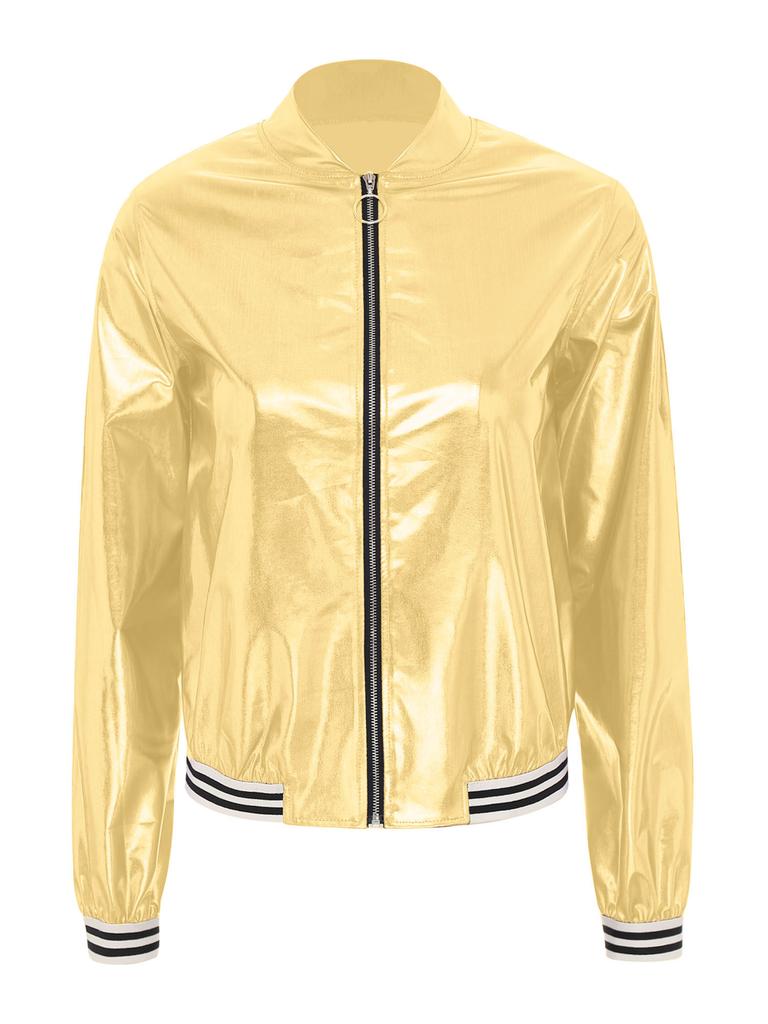 Dámská holografická bomber bunda Metalická lesklá s dlouhým rukávem Zapínání na zip Pruhovaný lem Baseballová bunda