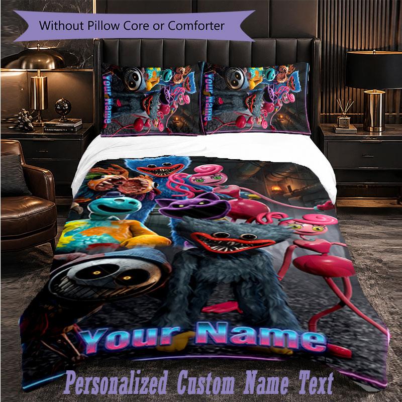 Personalisiertes 3-teiliges Bettwäsche-SetPoppy Playtime Benutzerdefinierter Text Bettbezug Kissenbezug Set Schlafzimmer Geschenk