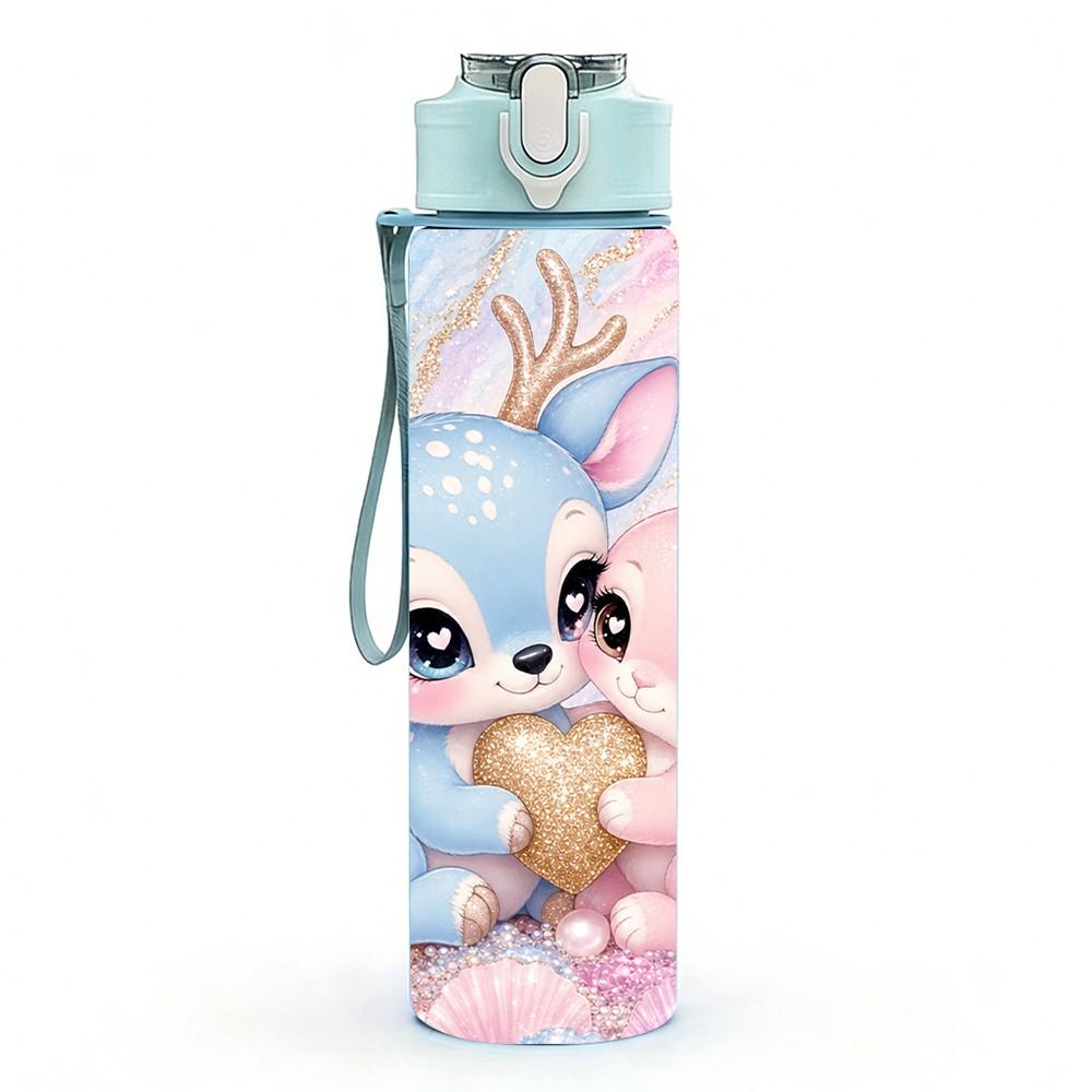 1PC Cute Deer Fawn Pastel Art 750ml Color Plastic Sports Water Bottle Leakproof Flip Straw Lid Suitable for Sports Office Home Use
