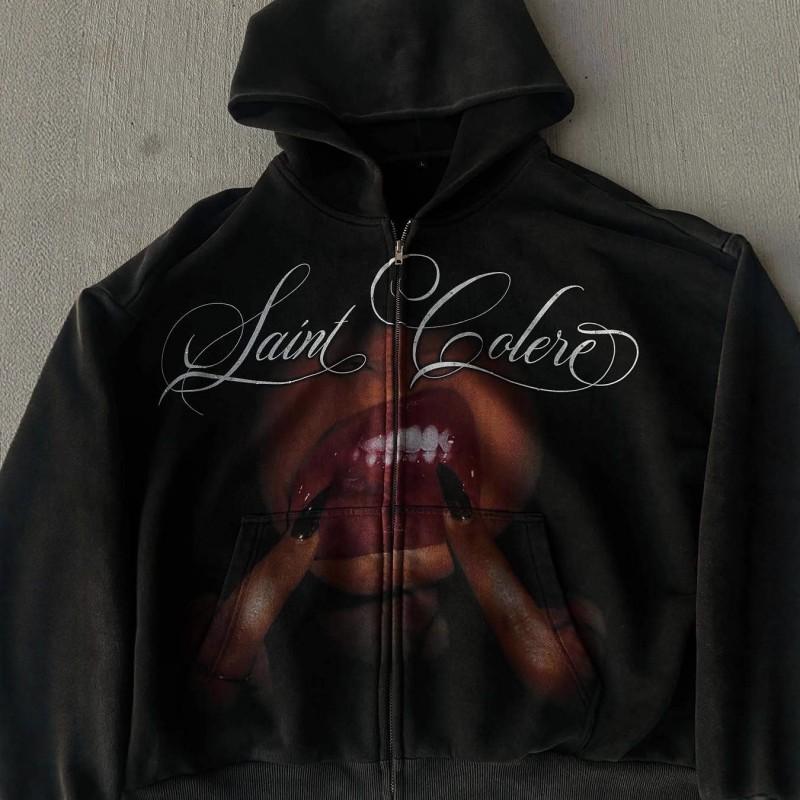 Y2K Gothic Letter Print Oversized Zip Up Hoodie Streetwear Teens