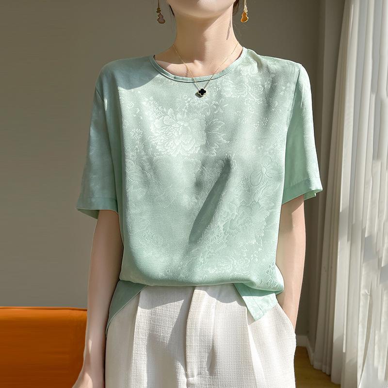 Summer Women's Silk T-shirt Round Neck Short Temperament Large Size Short-sleeved T-shirt Tops