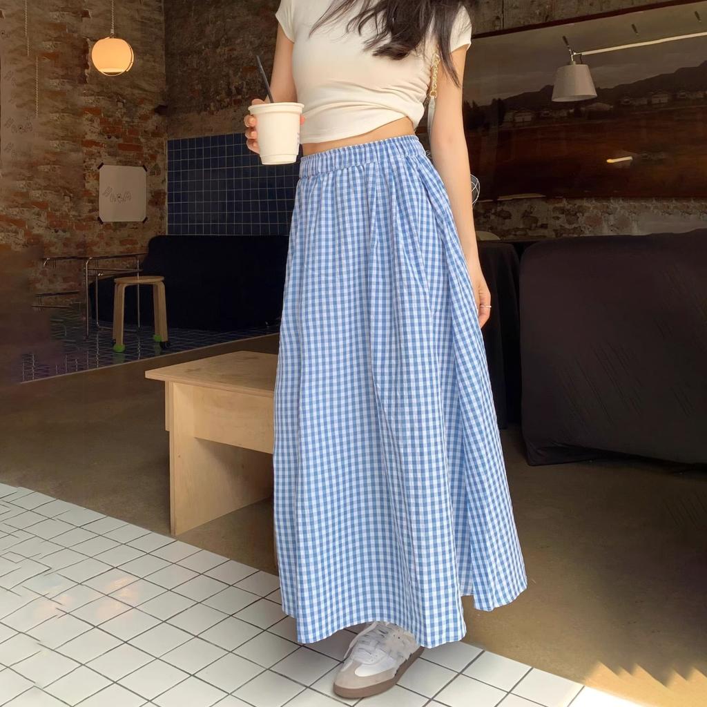 Women's Summer Blue Plaid High-Waist Elastic A-Line Umbrella Midi Skirt - Korean Style Slim-Fit with Flared Silhouette