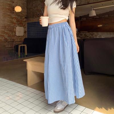 Falda Midi Paraguas de Verano para Mujer a Cuadros Azules de Cintura Alta Elástica Corte en A - Estilo Coreano Ajustada con Silueta Acampanada