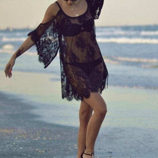 Sexy Frauen Spitze Häkeln Perspektive Schulterfrei Strand Bademode Cover Up Kittel