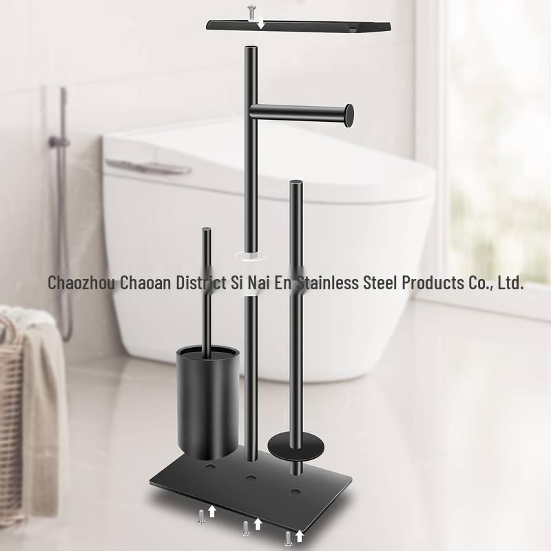 Floor-Standing Bathroom Tissue and Brush Holder with Vertical Storage Rack