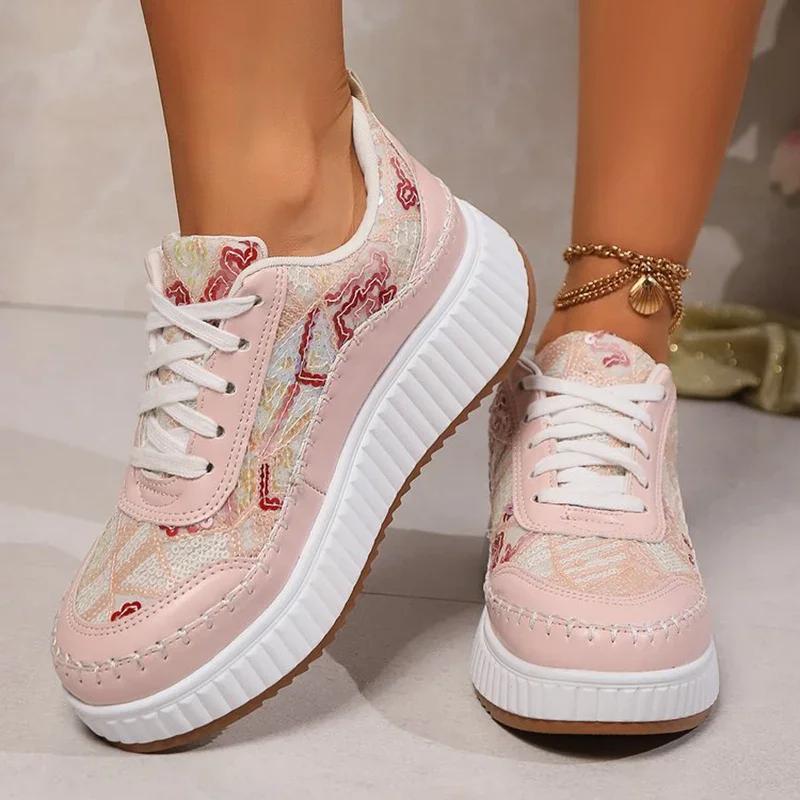 Fashion Rimocy Fashion Glitter Platform Sneakers Women Spring Lace Up Pink Sports Shoes Woman Plus Size 43 Thick Bottom Walking Shoes
