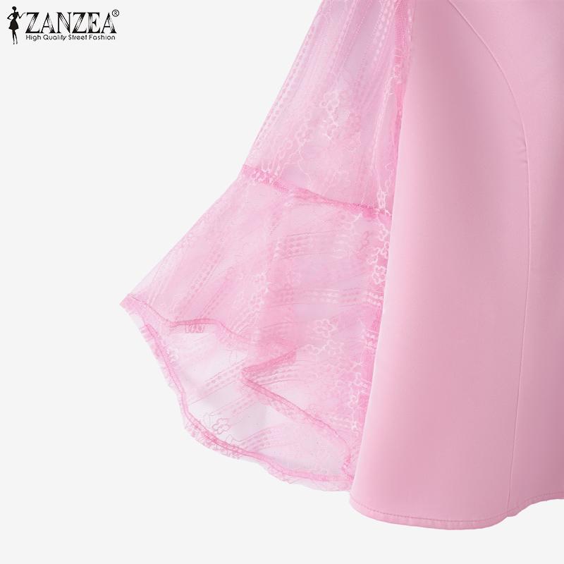 ZANZEA Women Casual V-Neck 3/4 Sleeve Mesh Patchwork Blouse