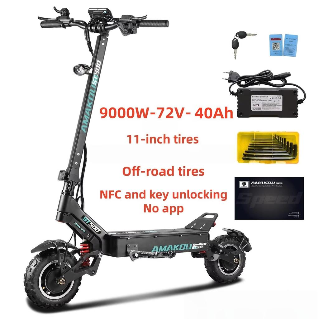 EU AMAKOU-ST500 X7 Monopattino Elettrico per Adulti 9000W Motore a Doppia Potenza Pneumatici da 13 pollici e 11 pollici Velocità 65MPH Autonomia 62 Miglia Batteria 72V 38.3Ah Pneumatico Off-road