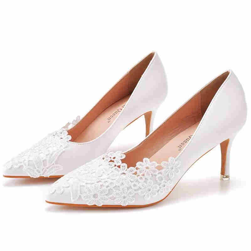 White High Heels Pointed Stiletto Women's Pumps Rhinestone Lace Women's Shoes Dress Banquet Shoes Bridal Wedding Shoes 34-43
