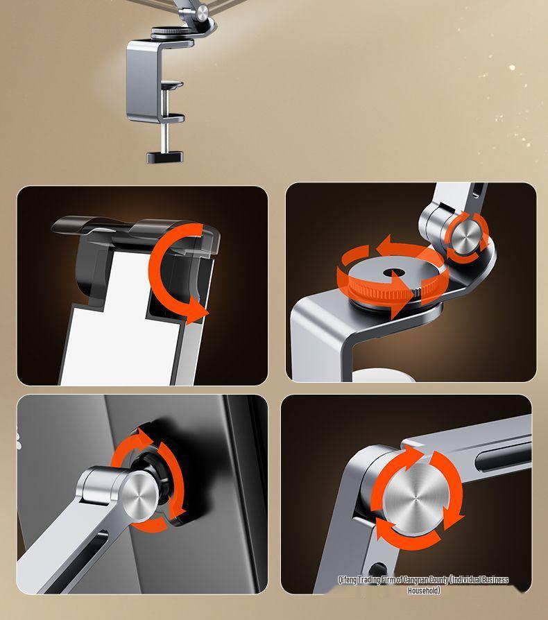Aluminum Alloy Rotatable Tablet Stand with Mechanical Arm and Universal Metal Desktop Support.