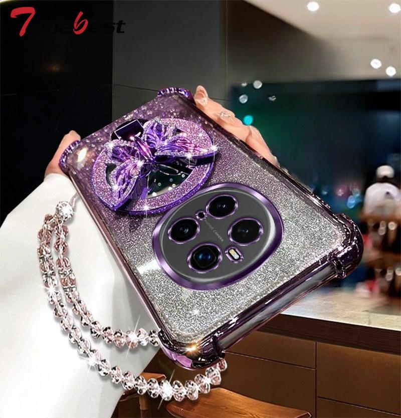 Glitter Butterfly Mirror Crystal Bracelet Case For Huawei Honor Magic 7 6 5 4 3 Pro Shockproof Plating Silicone Cover