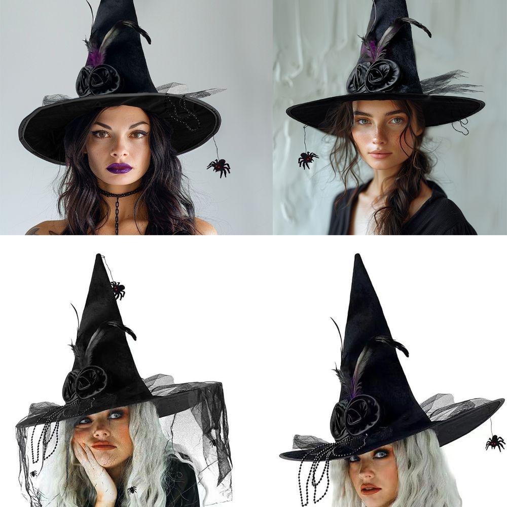 Black Spider Halloween Witch Hat With Black Veil Flower Feather Comfort Witch Costume Accessories Knit Pleated Wizard Hat