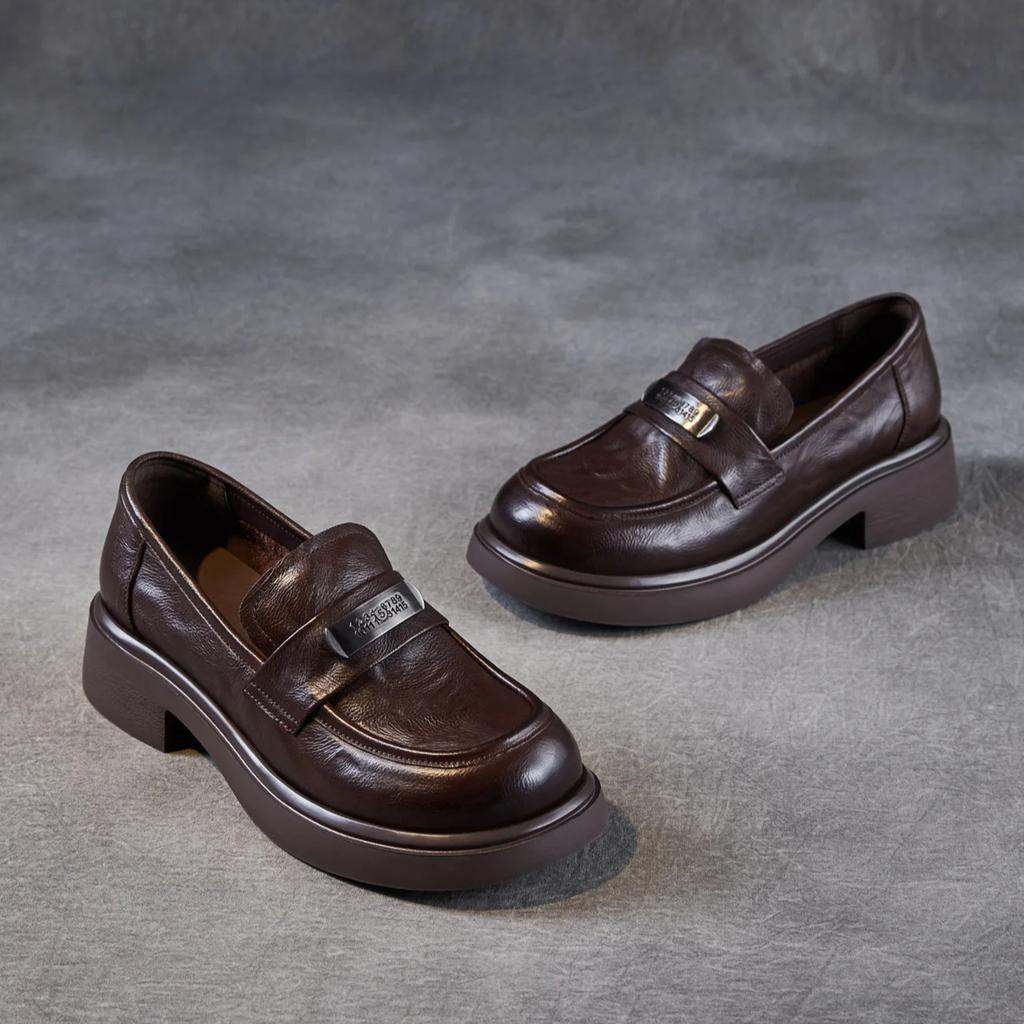 Johnature Genuine Leather Women's Shoes Soft Soled Loafers British Style Thick Soled Slip-on Shoes