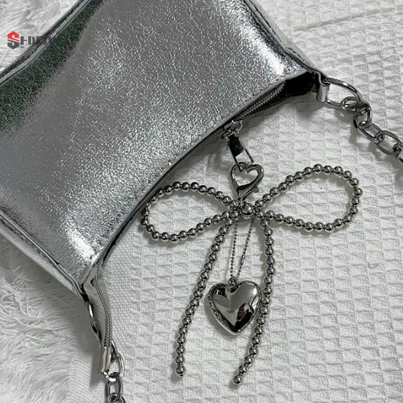 1Pc Pearl Bowknot Heart Pendant Keychain Beaded Phone Charm Detachable Bows Lanyard Handmade Keyring Jewelry For Bag Purse