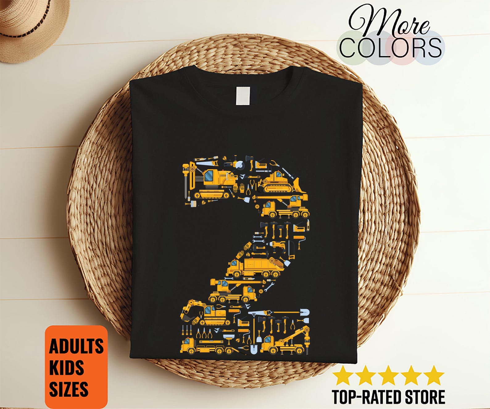 Construction Number 2 Shirt Kids Birthday Truck Excavator Bulldozer Graphic Tee Unisex Boy Girl Party Outfit Heavy Equipt Gift Unisex 110