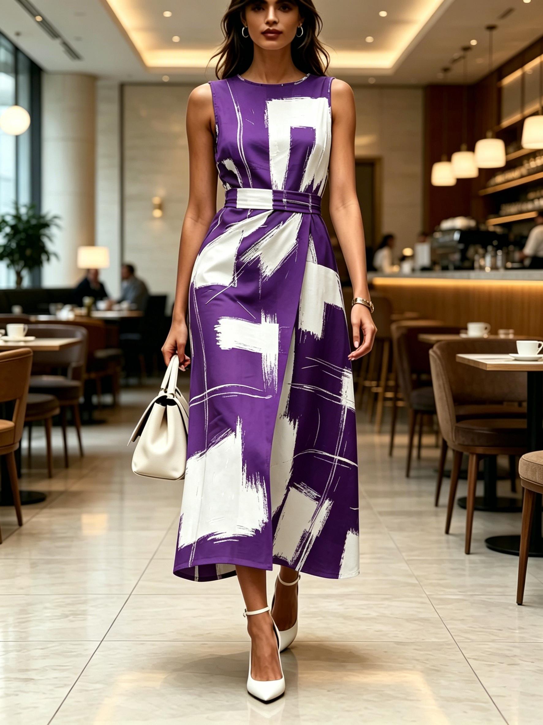 Round neck sleeveless midi dress with abstract brush print pattern purple and white women modern elegant casual fashionable summer women s clothing XXS