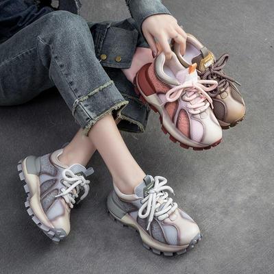 Oddychające, siateczkowe, mieszane kolory, trampki, prawdziwa skóra, sznurowane, codzienne buty damskie