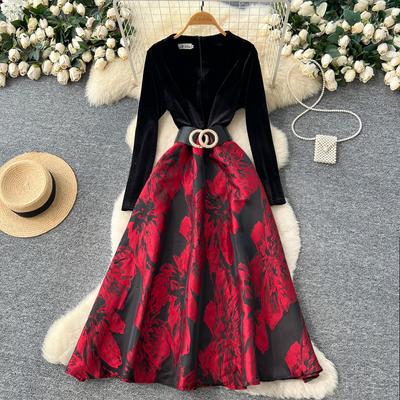 French Style Velour Luxury Dress V Neck Long Sleeve Sashes Splice Jacquard Autumn Women Floral Print Party Maxi Dress