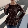 Women's Fashion Slim Fit Polka Dot Round Neck Pleated Waist Zip-Up Woven Long Sleeve Top