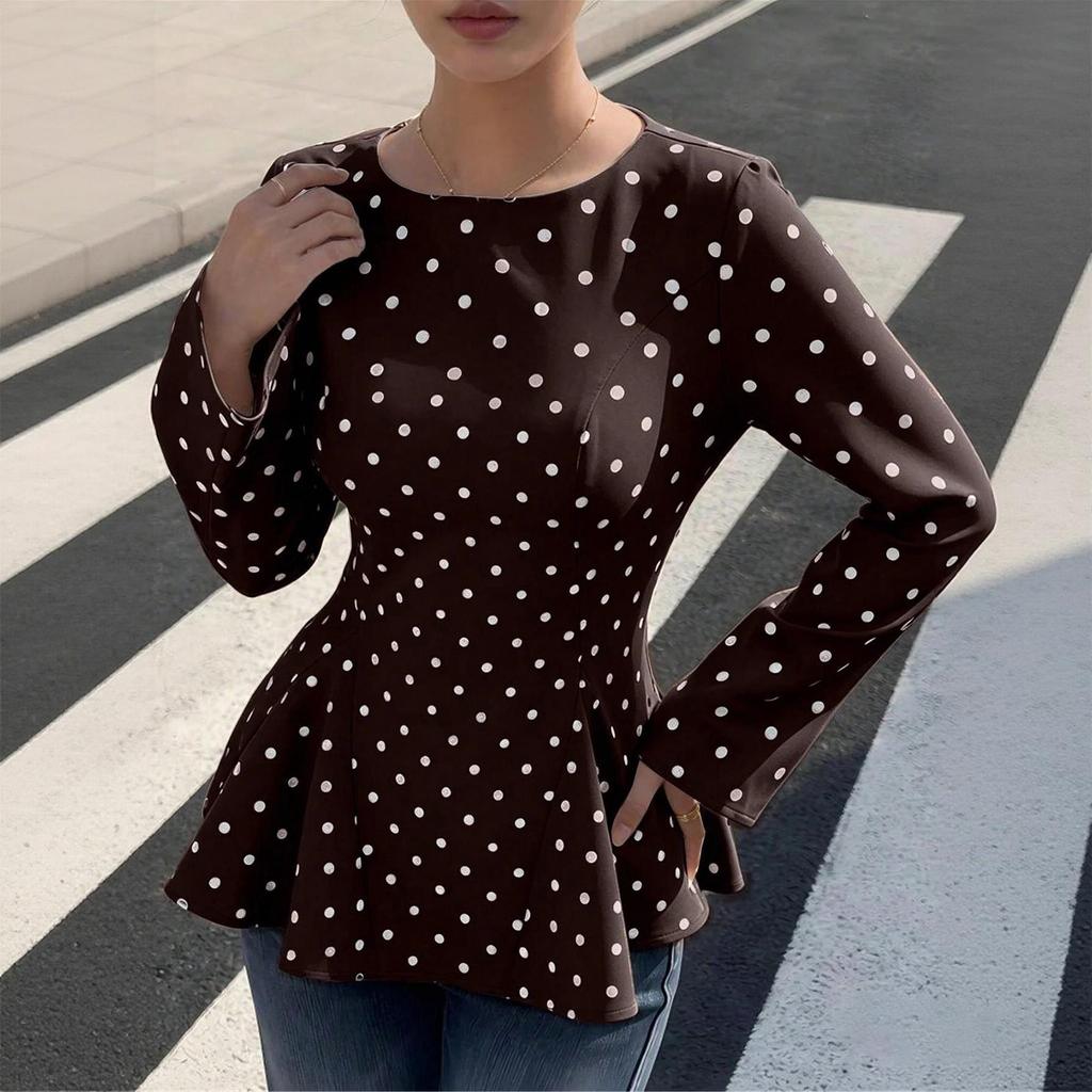 Women's Fashion Slim Fit Polka Dot Round Neck Pleated Waist Zip-Up Woven Long Sleeve Top