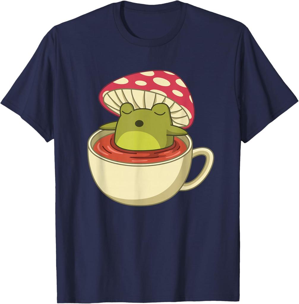 Cottagecore Frog In Tea Cup Mushroom Aesthetic Graphic Tee Shirt Casual Short Sleeve