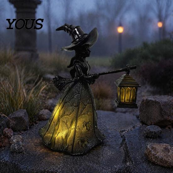 Retro Halloween Party Supplies Witch Holding Lantern Light, with Spider Web Pattern Decor, Glowing Secret Room Atmosphere Gothic Style Resin
