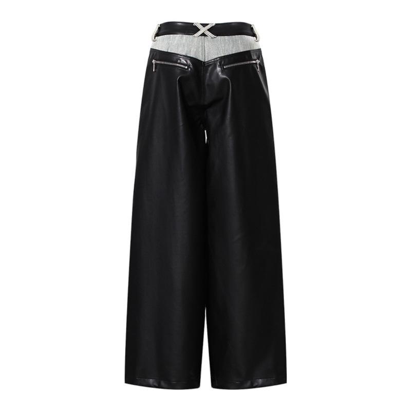 Women's Retro Washed Straight-Leg Jeans with Leather Splice, Contrasting Colors - 2025 Spring Street Style.