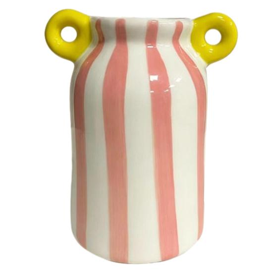 Ceramic Striped Flower Vase with Dual Handles Hand Painted Small Decorative Vase for Flower