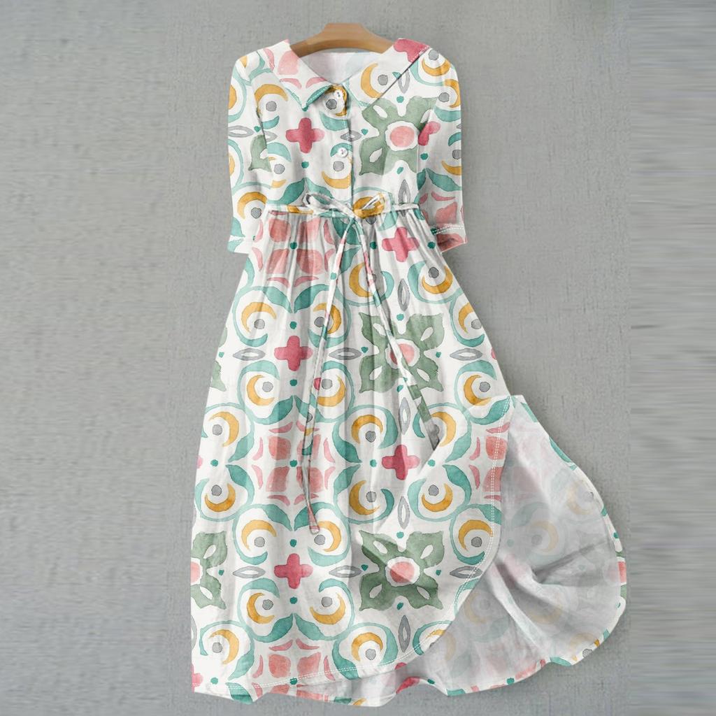 Women's Fashion Vintage Floral Print Lapel Button Three Quarter Sleeves Strappy Dress