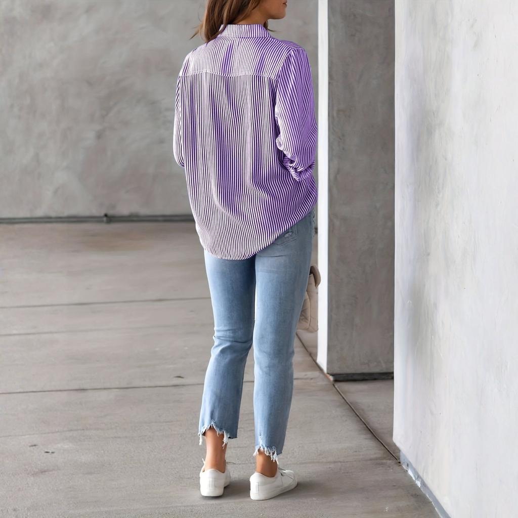 Camicia da donna a maniche lunghe a righe tinta unita, colletto button-down, camicia ampia