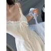 Temperament Seaside Vacation A-shaped Long Skirt French Gentle Wind Lace Edge V-neck White Suspender Dress Women's Waist