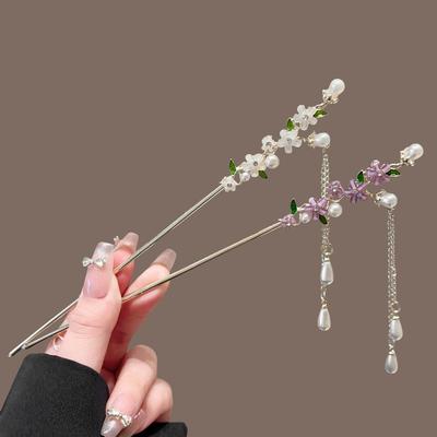 Vintage Crystal Pearl Flower Hair Sticks for Women Chinese Style Cross Tassel Hairpin Disk Hair Chopsticks Hair Accessories Gifts