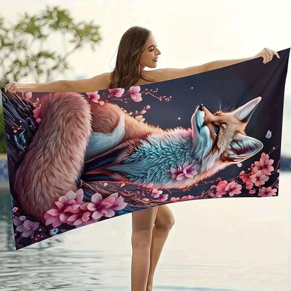Großes Strandtuch Fuchs Aquarell-Druck Wandteppich Boho Floral Dschungel Dekor Tropisches Tier Wandkunst