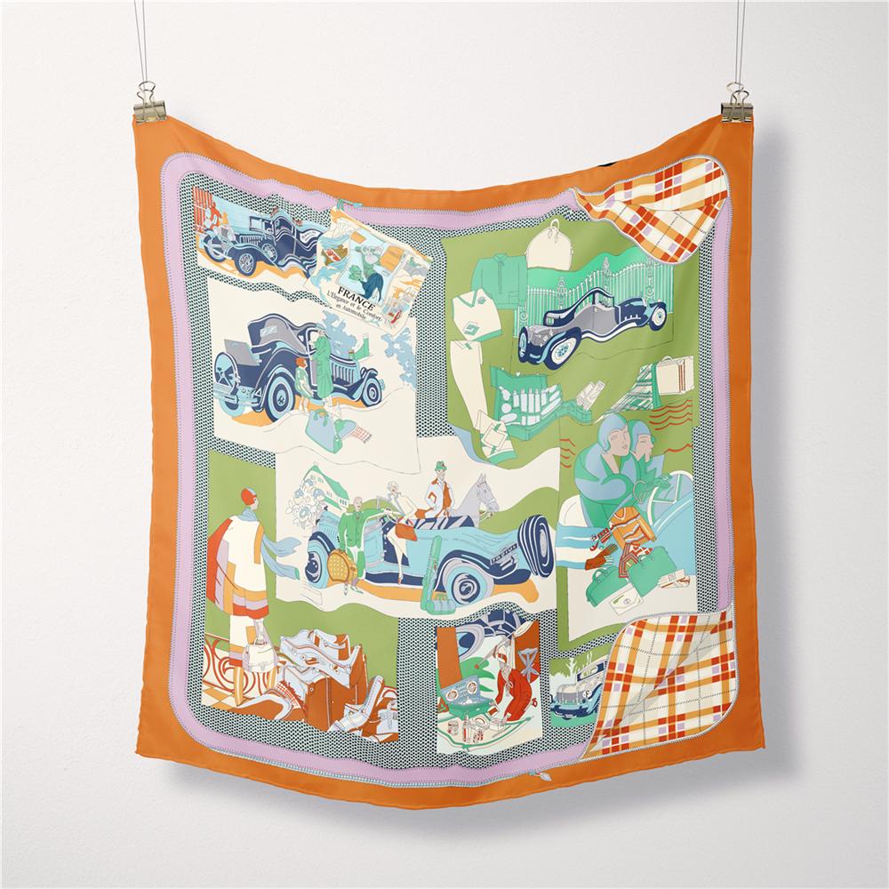 Silk Scarf Women France Car Print Square Scarves Wraps Bandana Small Hijab Foulards Lady Tie Headband Neckerchief