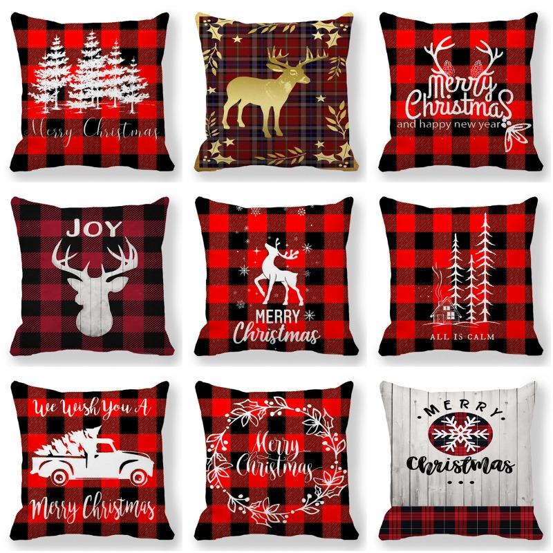 Christmas Red Checkered Pattern Digital Printing Short Plush Pillow Covers for Car Sofa Office Cushion Cover Home Goods