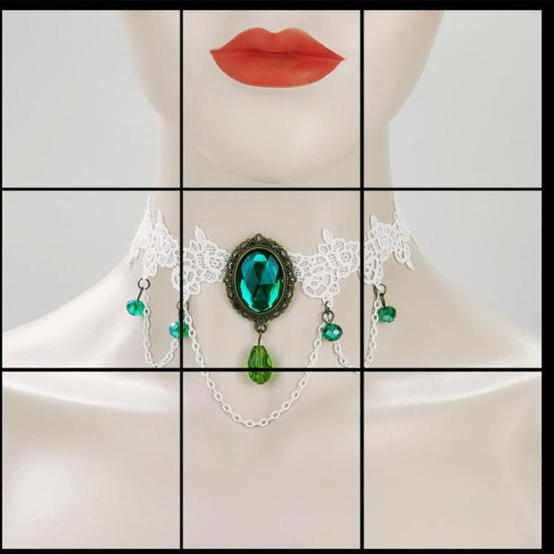 Women Lace Necklace Green Crystal Hangable Pendant Charm Ornament for Wedding Birthday Holiday Present Gift