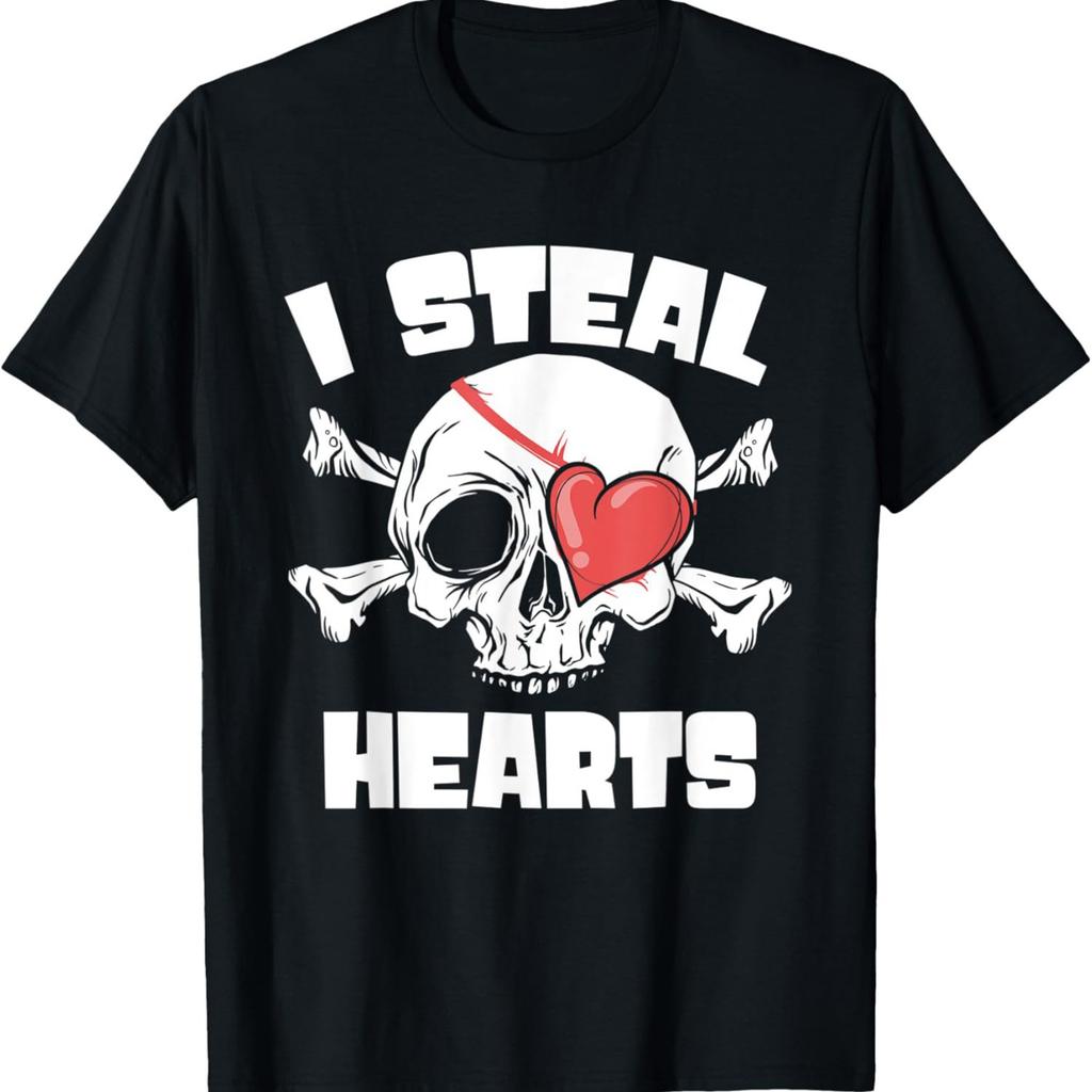 I Steal Hearts Pirate Skull Graphic Tee Men's Funny Valentine's Day Casual Cotton T-Shirt
