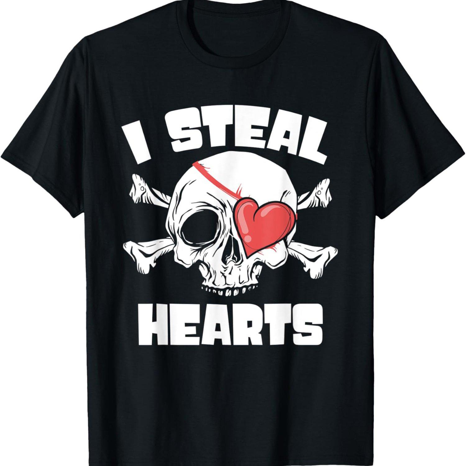 I Steal Hearts Pirate Skull Graphic Tee Men s Funny Valentine s Day Casual Cotton T-Shirt 4XL