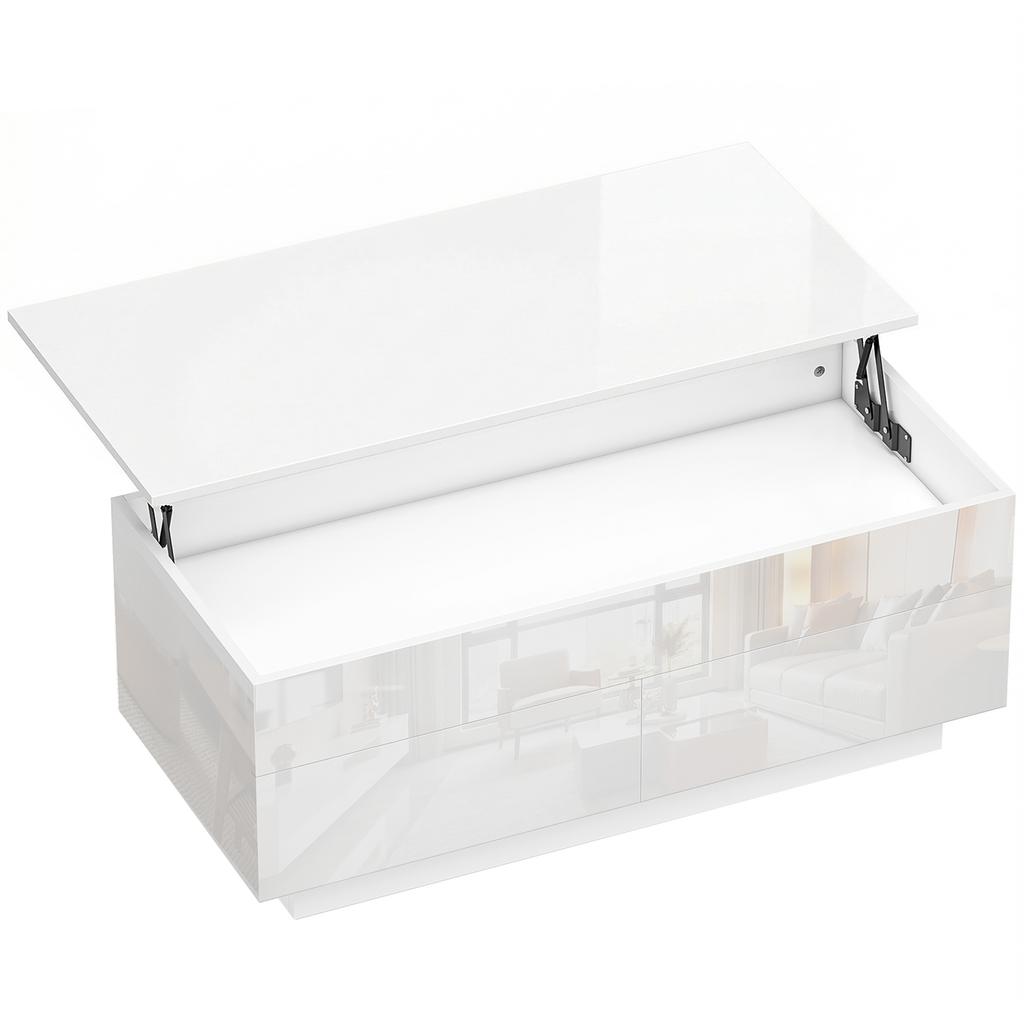 Coffee Table Height-Adjustable, Modern Living Room Table with Hidden Storage and 2 Drawers, High Gloss White