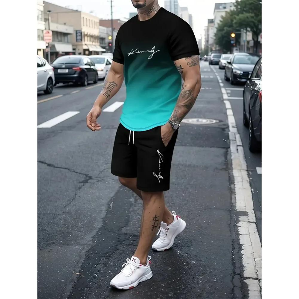 Summer Men s 3D Gradual Change Printed Sports Suit Fashionable Versatile Breathable Casual Trend S