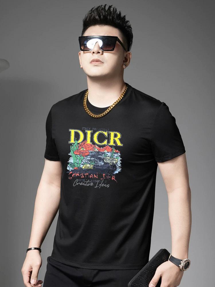 

European-Style Men s High-End Letter-Print Short-Sleeve T-Shirt 2025 New Summer Trendy Casual Top Men s Half-Sleeve M чёрный