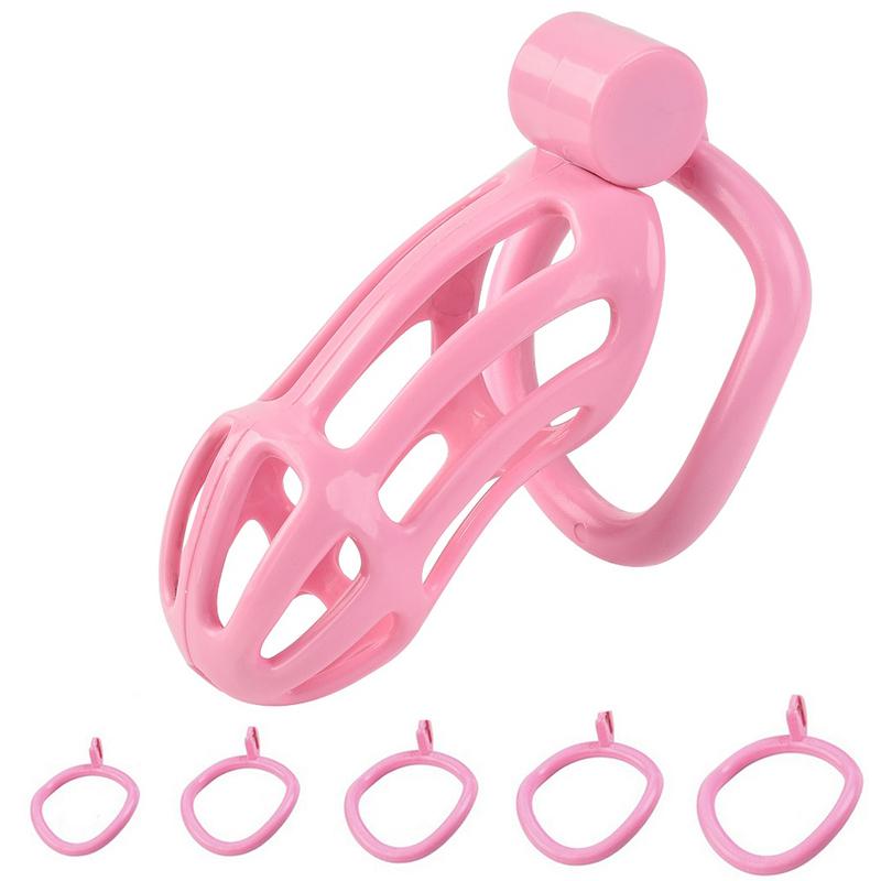 Pink Male Penis Cage with 5 Cock Rings Set Long Penis Bondage Bird Chastity Cage Belt Cock Ring Slave Restraint Man Sex Toy