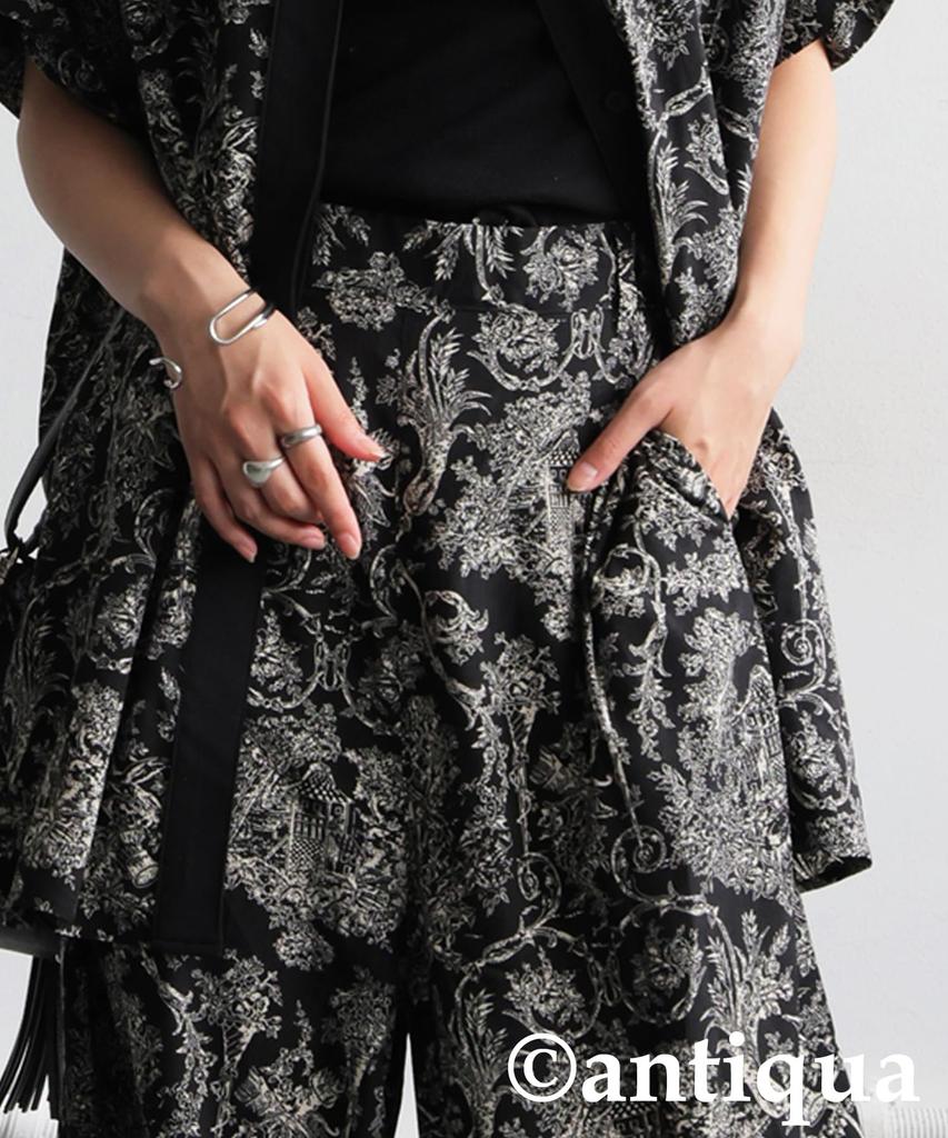 antiqua Toile de Jouy Medium Black Wide-leg Pants, Women's, PO-00194, 05,