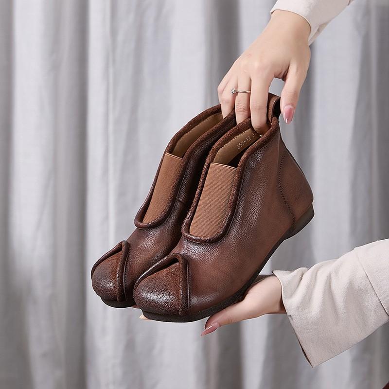 Johnature Handmade Vintage Genuine Leather Flat Ankle Boots Round Toe Soft Cowhide Women's Slip-on Shoes