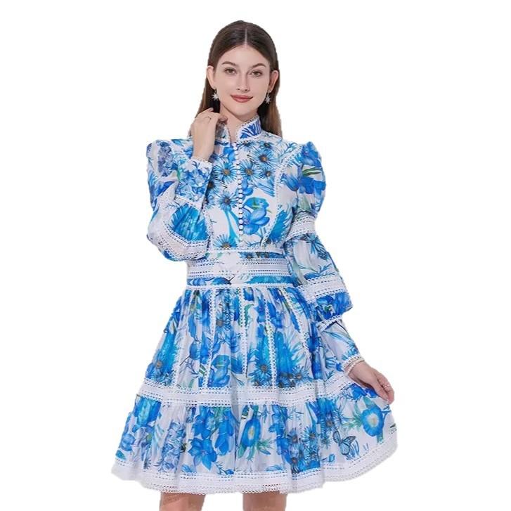 European and American New French Elegant Lace Waist Lantern Sleeve Dress