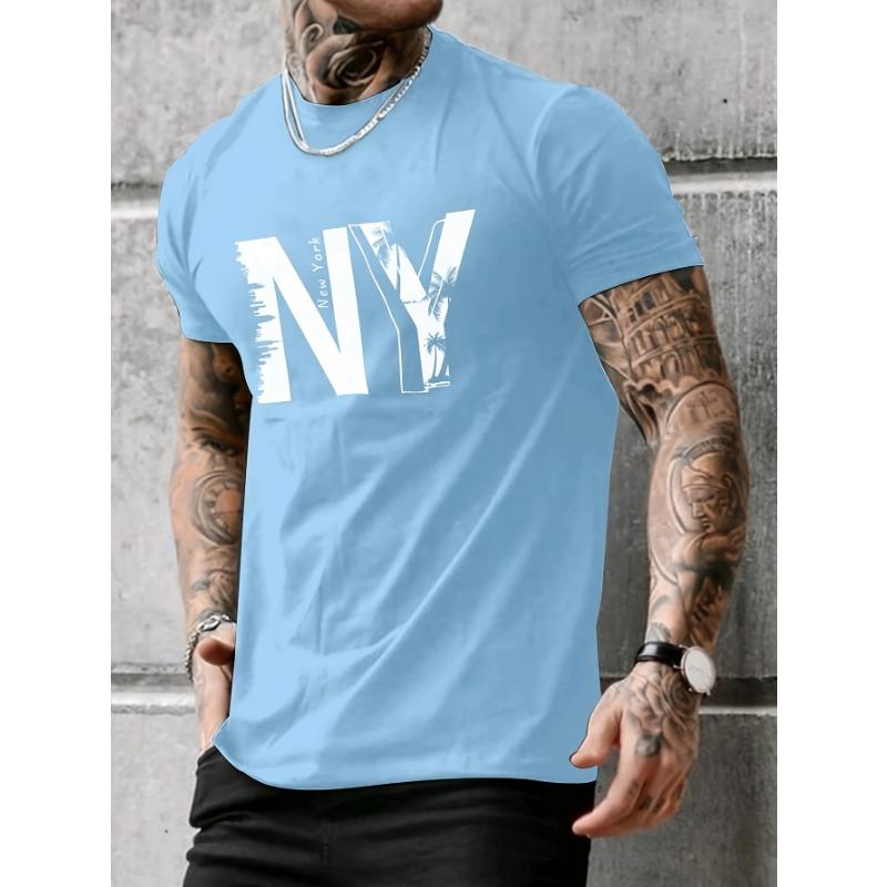 Camiseta deportiva casual de verano para hombre, holgada, talla grande, con estampado de letras NY, cómoda, de cuello redondo, manga corta