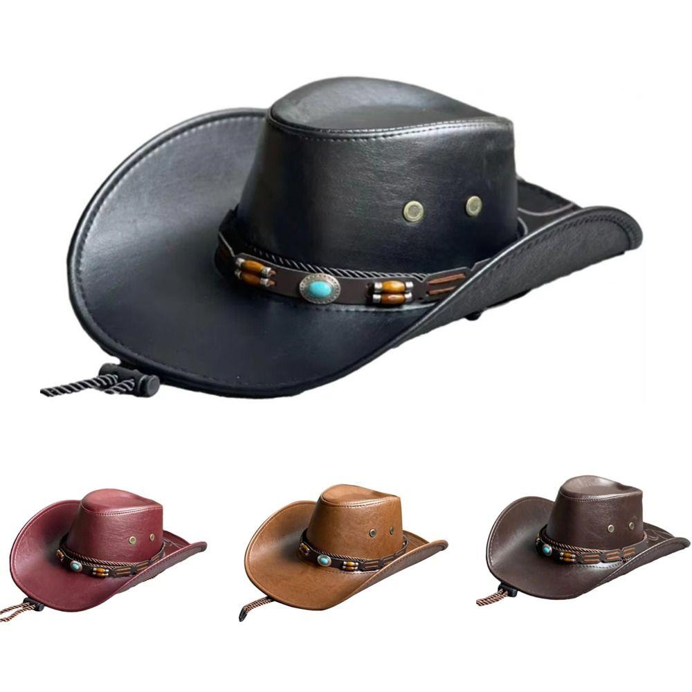 Solid Color Western Cowboy Hats Faux Leather Jazz Cap Casual Cowgirl Cap  Unisex