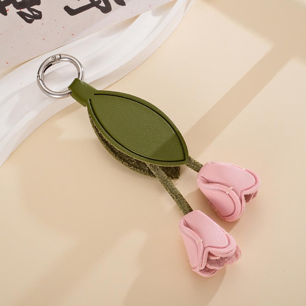 Faux Leather Tulip Bag Charm Double Flower Leaf Minimalist Floral Pendant Accessory for Women Gift Accessory Bag Charm